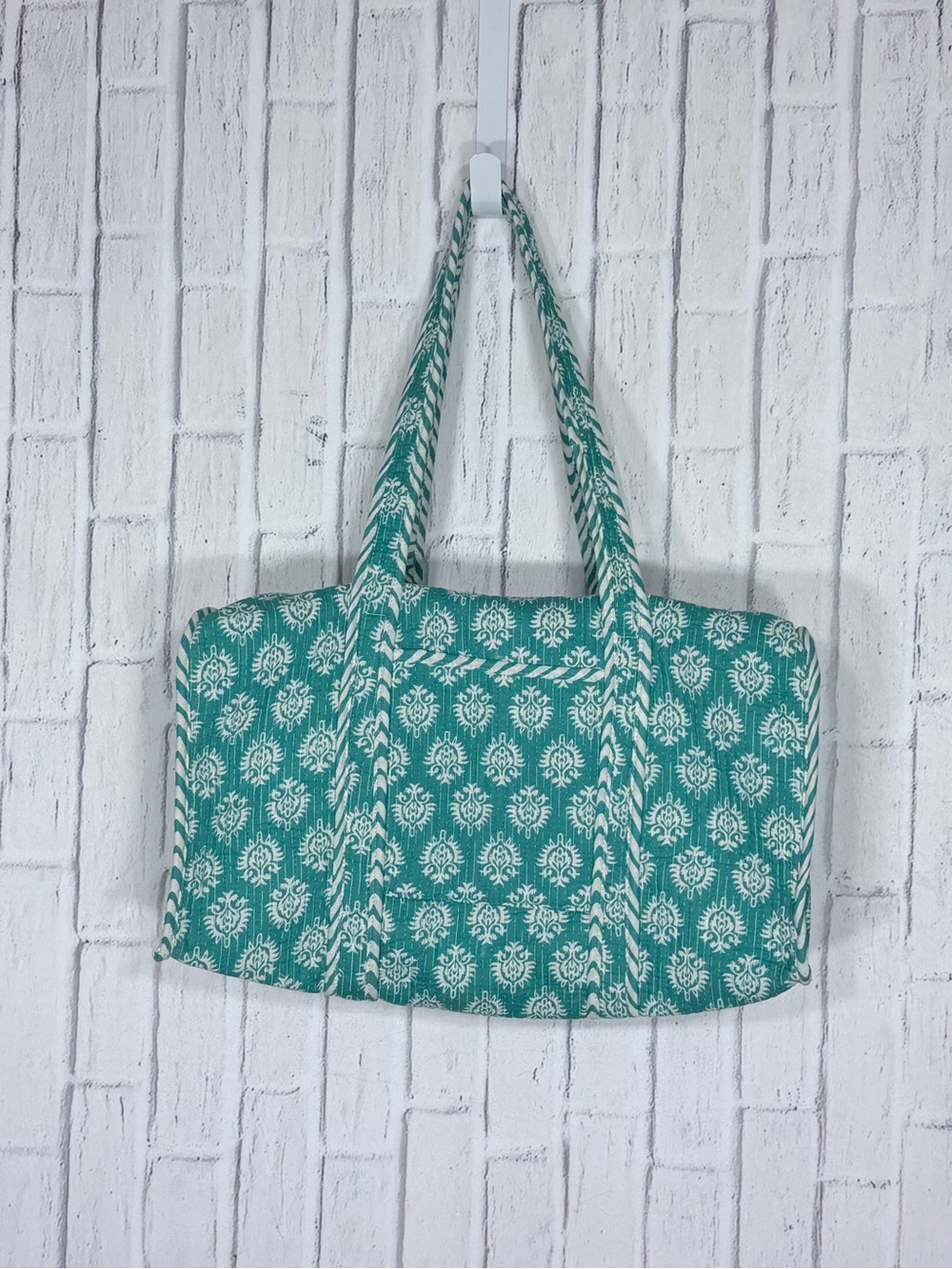 🩵 Handmade Teal Block Print Quilted Weekender Duffle Tote Bag NWOT